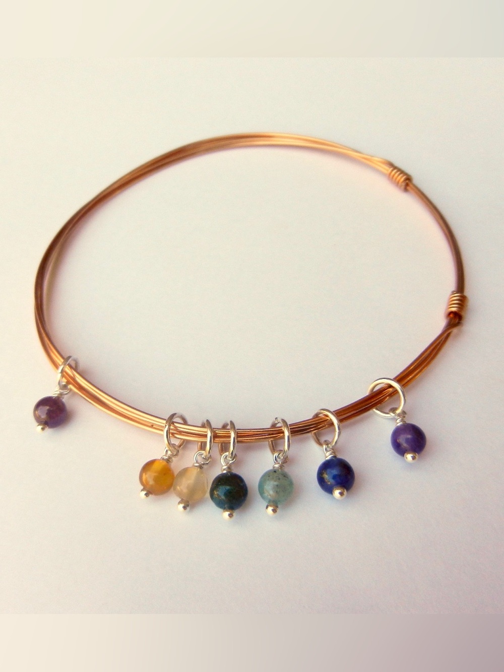 Copper 7 Chakra Multi-Gemstone Charm Bangle Bracelet